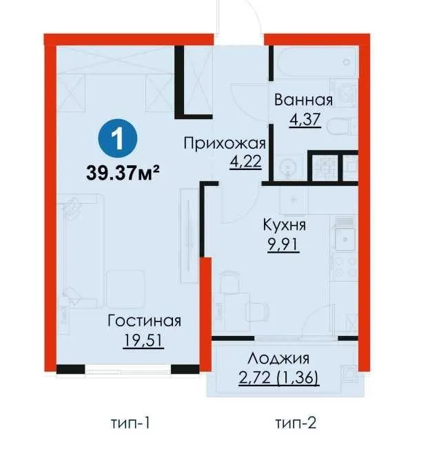39 м², 1-комн. квартира, 5/16