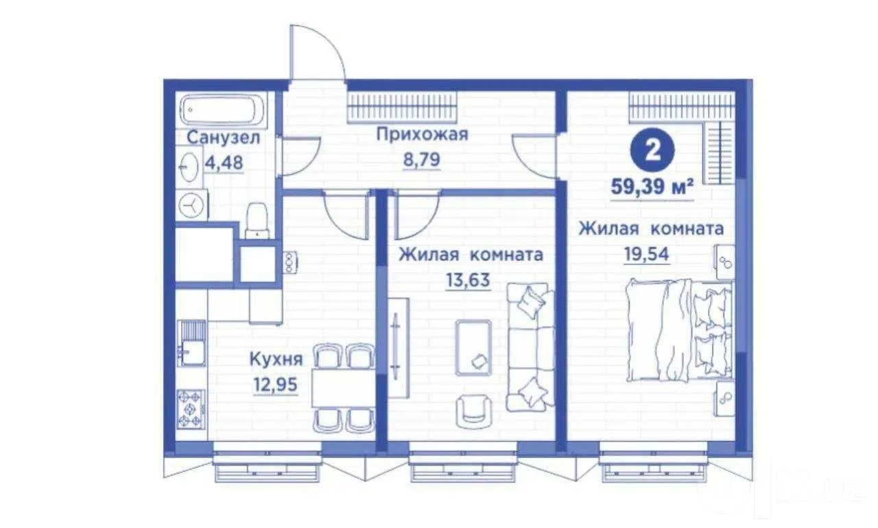 62 м², 2-комн. квартира, 5/14