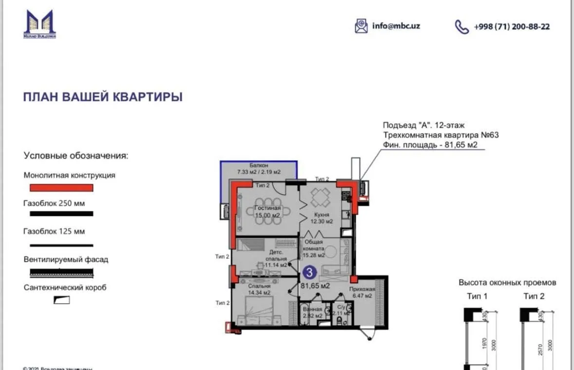 80 м², 3-комн. квартира, 12/14