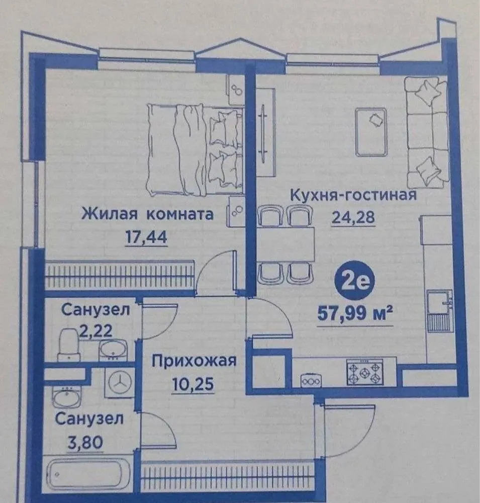 58 м², 2-комн. квартира, 2/15