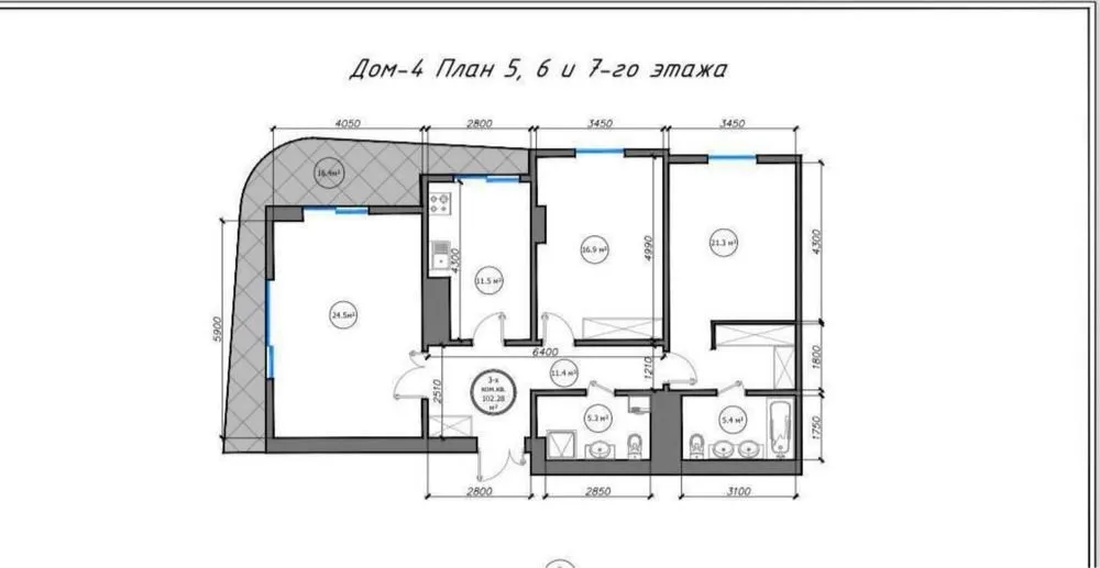 103 м², 3-комн. квартира, 4/16