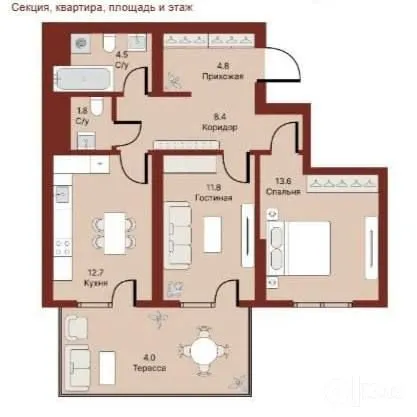 57 м², 2-комн. квартира, 1/15
