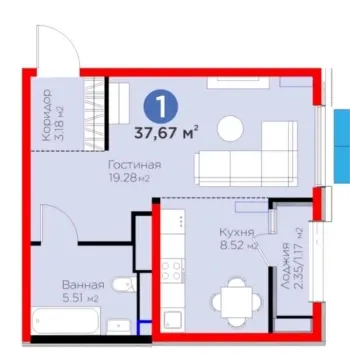 37 m², 1-xonali kvartira, 8/12-0