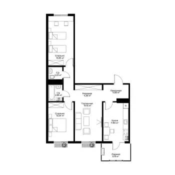 77 м², 3-комн. квартира, 15/15-1