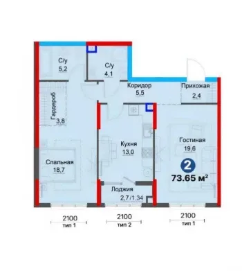 73 м², 2-комн. квартира, 1/4-1