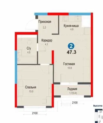 47 m², 2-xonali kvartira, 10/12-1