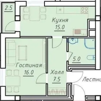 46 м², 2-комн. квартира, 5/7-2