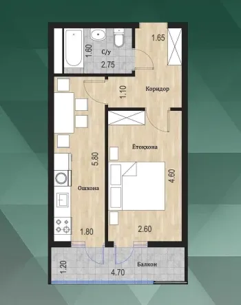 34 m², 1-xonali kvartira, 10/16-1