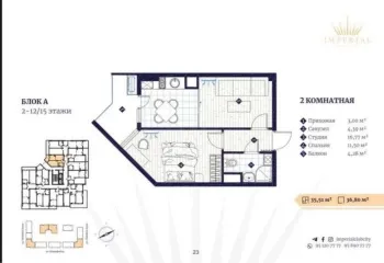36 м², 2-комн. квартира, 12/13-0
