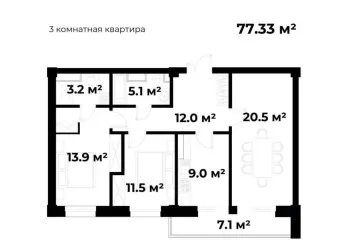 78 м², 3-комн. квартира, 3/10-0