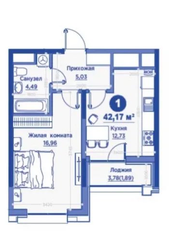 42 м², 1-комн. квартира, 7/15-3