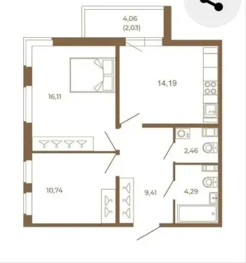 60 м², 2-комн. квартира, 4/10-1