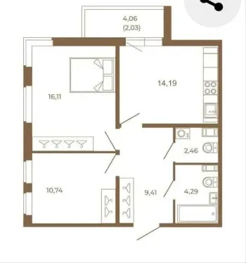 60 м², 2-комн. квартира, 4/10-1