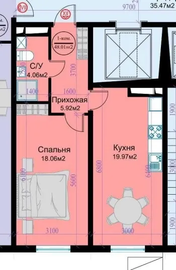 50 м², 1-комн. квартира, 7/12-2