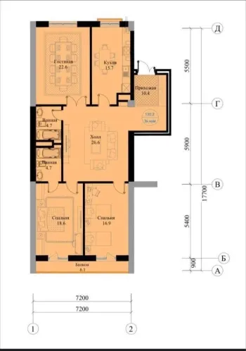 130 м², 3-комн. квартира, 8/10-3