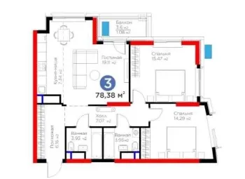 79 м², 3-комн. квартира, 10/15-1