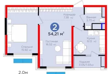 54 м², 2-комн. квартира, 16/16-1