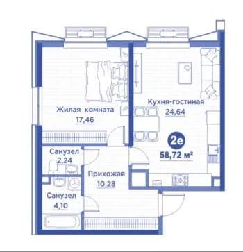 58 м², 2-комн. квартира, 1/13-2