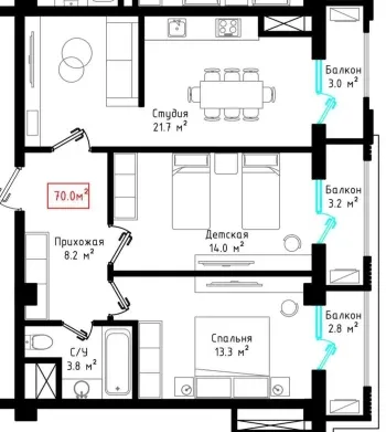 73 м², 2-комн. квартира, 7/12-3