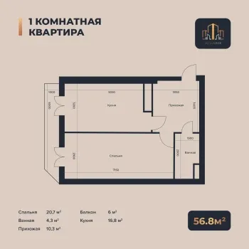 56 м², 1-комн. квартира, 9/16-1