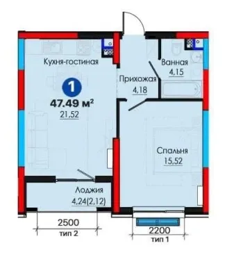 46 м², 1-комн. квартира, 3/12-1