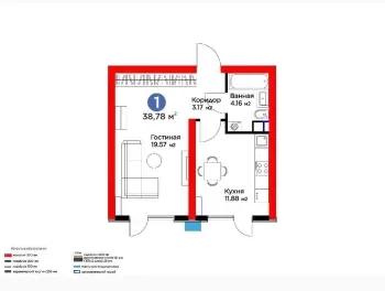38 м², 1-комн. квартира, 1/16-0