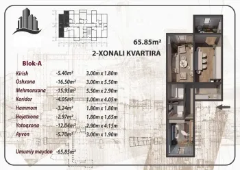 65 м², 2-комн. квартира, 2/16-1