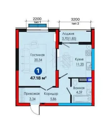 47 м², 1-комн. квартира, 7/12-1