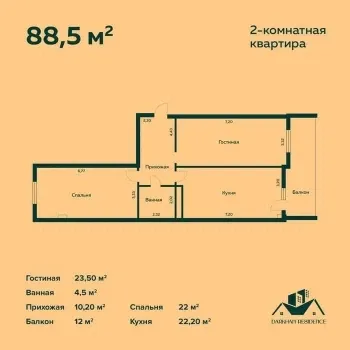 88 м², 2-комн. квартира, 10/12-2