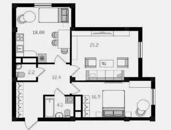 74 м², 3-комн. квартира, 2/14-1