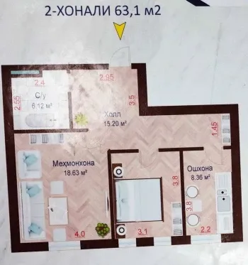 63 м², 2-комн. квартира, 6/11-3