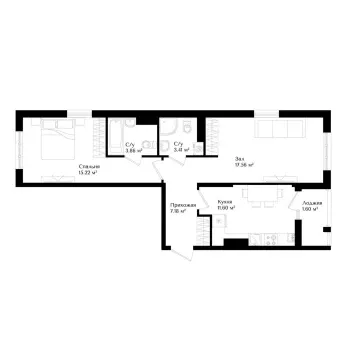 52 м², 2-комн. квартира, 15/16-3