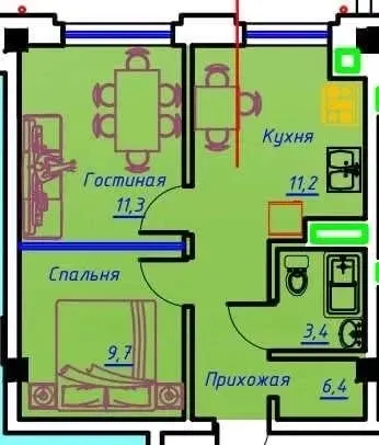 42 м², 2-комн. квартира, 2/6-3