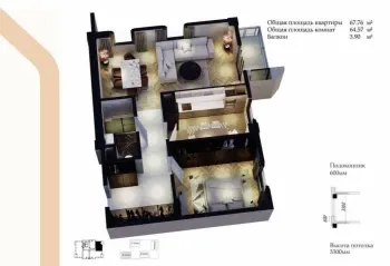 64 м², 3-комн. квартира, 9/12-1