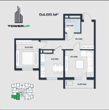54 м², 2-комн. квартира, 15/16-1