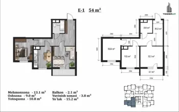 54 m², 2-xonali kvartira, 13/16-3