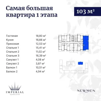 103 м², 4-комн. квартира, 2/14-3