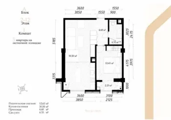 55 м², 2-комн. квартира, 4/12-0