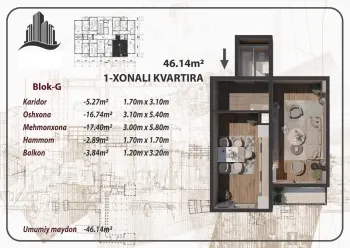 46 м², 1-комн. квартира, 16/15-3