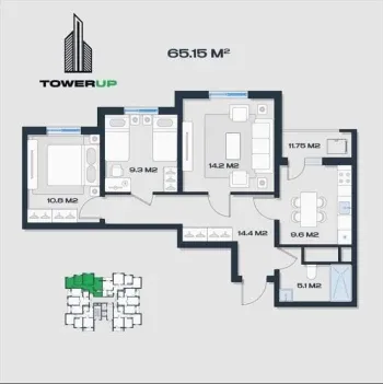 65 м², 3-комн. квартира, 2/16-0