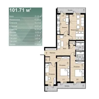 101 м², 4-комн. квартира, 4/16-1