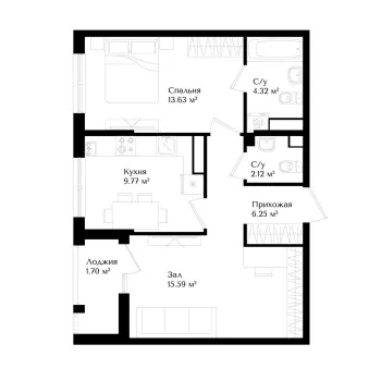 52 м², 2-комн. квартира, 15/16-0
