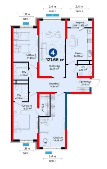 121 м², 4-комн. квартира, 6/9-0