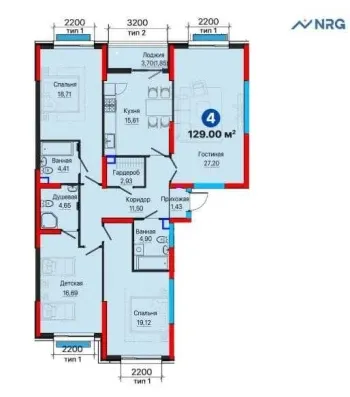 129 м², 4-комн. квартира, 4/12-1