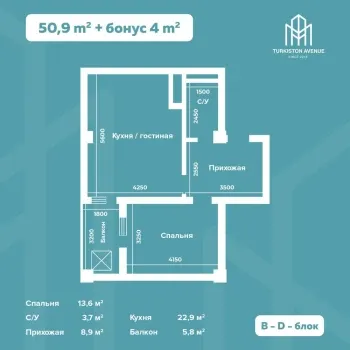 50 м², 2-комн. квартира, 10/16-0