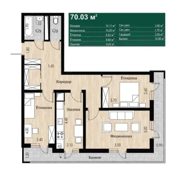 70 м², 3-комн. квартира, 3/16-1
