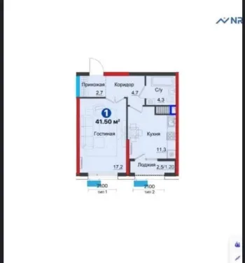 41 м², 1-комн. квартира, 8/12-0
