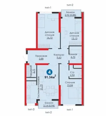 91 м², 4-комн. квартира, 6/16-1