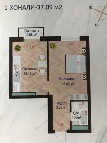 37 м², 1-комн. квартира, 6/9-1