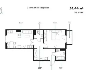 58 m², 2-xonali kvartira, 9/9-1